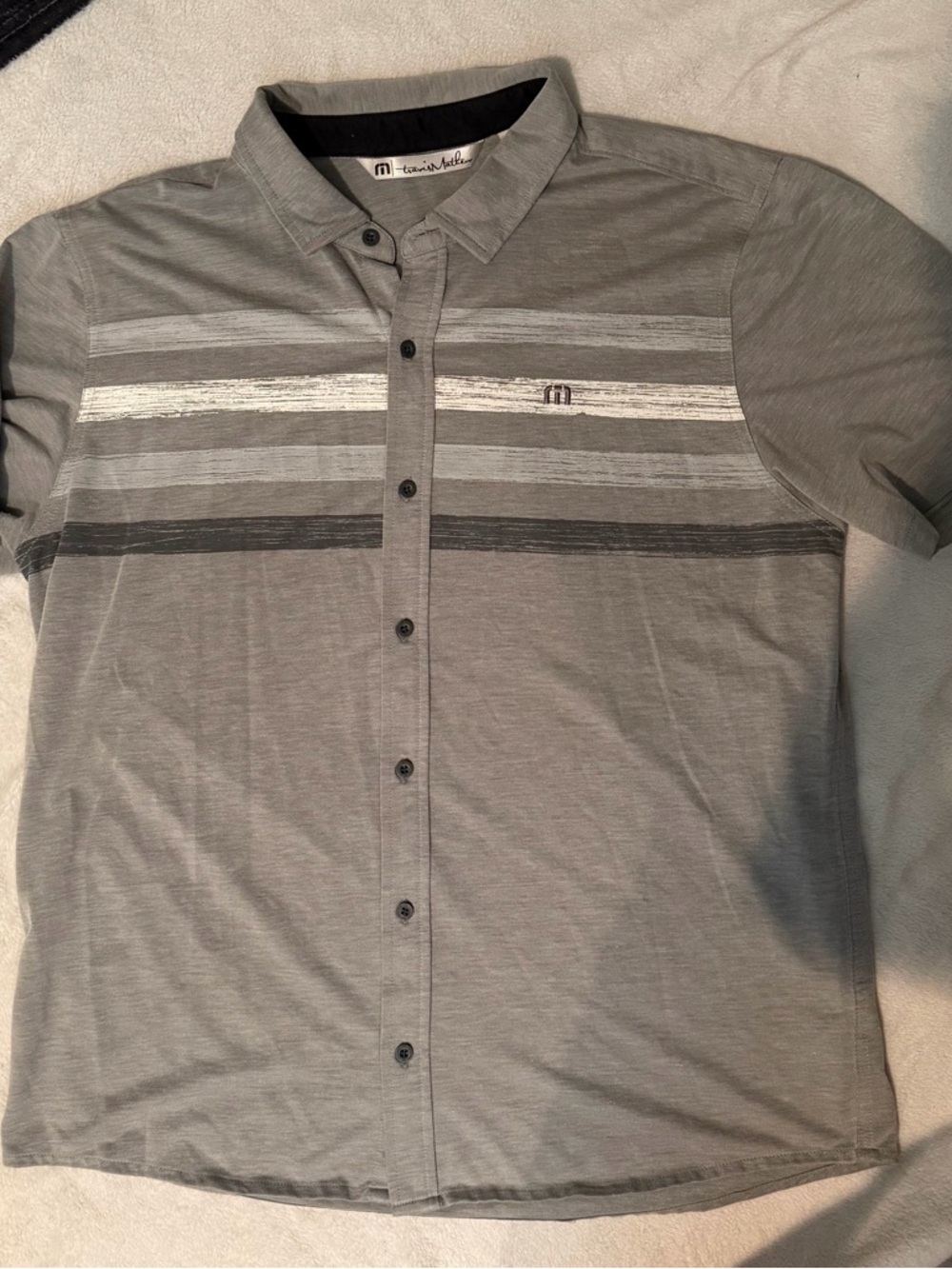 Travis Mathew Gray Striped Short-Sleeve Button-Down Shirt